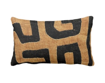 SALE - DIGITALLT PRINTED Kuba Design Throw Pillow Covers, Tan/Black 14 x 20" Lumbar/Oblong, Geometric/African/Tribal/Boho/Cloth