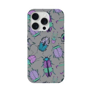 Beetles iPhone 16, 15, 14, 13, 12 Plus/Max/Pro/ProMax MAGSAFE, klikbare of stevige hoes/cover, grijs/paars/blauwe insecten/insecten/insecten/insectenprint