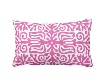 Fuchsia Folk Floral Throw Pillow or Cover, Printed 12 x 20" Lumbar Pillows/Covers, Bright Pink/White Boho/Floral/Modern/Tribal Print/Pattern