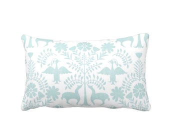 Jade Otomi Throw Pillow or Cover, Printed 12 x 20" Lumbar Pillows/Covers, Light Blue/Green Mexican/Boho/Bohemian/Floral/Animal Print