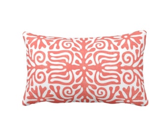 Coral Folk Floral Throw Pillow or Cover, Printed 12 x 20" Lumbar Pillows/Covers, Salmon Pink/White Boho/Floral/Modern/Tribal Print/Pattern