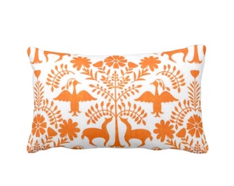 Orange Otomi Throw Pillow or Cover, Printed 12 x 20" Lumbar Pillows/Covers, Bright Orange/White Mexican/Boho/Bohemian/Floral/Animal Print