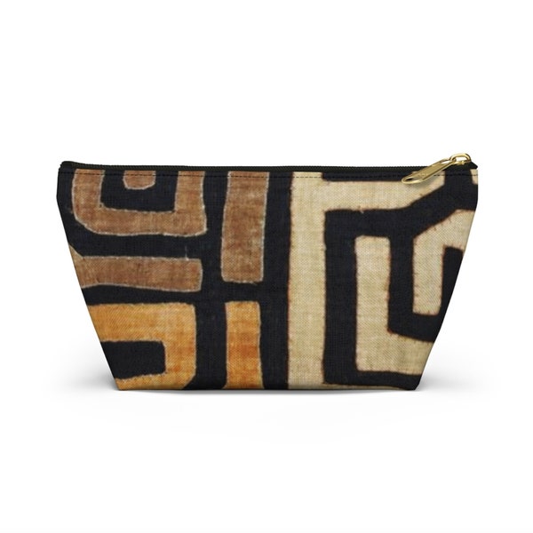 Pochette zippée à impression numérique Kuba, géométrique marron/noir/havane, produits de beauté/crayon/organisateur de maquillage/sac africain/tribal/tissu de boue/bohème