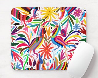 Otomi Printed Mouse Pad, Round or Rectangle Colorful Mexican Pattern Mousepad, Cheery Bright/Vibrant Floral/Animals, Botanical/Birds/Flowers