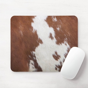 Cowhide Print Mouse Pad, Round or Rectanlge Dark Brown/White Spots, Cow Printed Mousepad, Southwest/Western, Cow Hide Minimal/Boho/Rug
