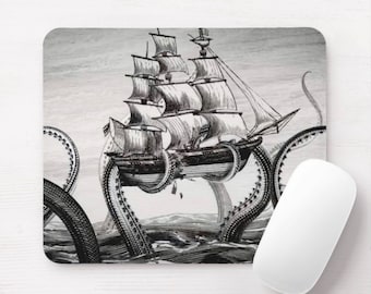Vintage Kraken Mouse Pad, Round or Rectangle Black & White Nautical Illustration Mousepad, Squid/Octopus Pirate Ship