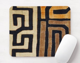 Kuba Design Mouse Pad, Printed African Tribal Geometric Mousepad, Black/Brown/Beige, Boho Design/Pattern Vintage