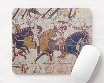 Tapestry Mouse Pad, Alfombrilla de ratón impresa medieval, Beige/Navy/Ochre/Red, Caballeros a caballo/Caballo/Caballo/Ecuestre/Batalla