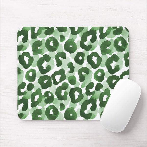 Watercolor Leopard Print Mouse Pad, Emerald Green Mousepad, Animal Pattern, Modern/Cat/Cheetah/Spots/Spotted, Hand Drawn/Painted