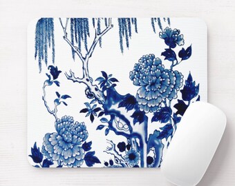 Willow China Pattern Mouse Pad, Round or Rectangle Blue & White Floral/Botanical Asian Art Printed Mousepad, Indigo, Chinoiserie Print
