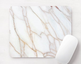 Marble Print Mouse Pad in White and Beige, Faux Carrara Marble, Marbled/Subtle/Minimal/Neutral Desk Accessory