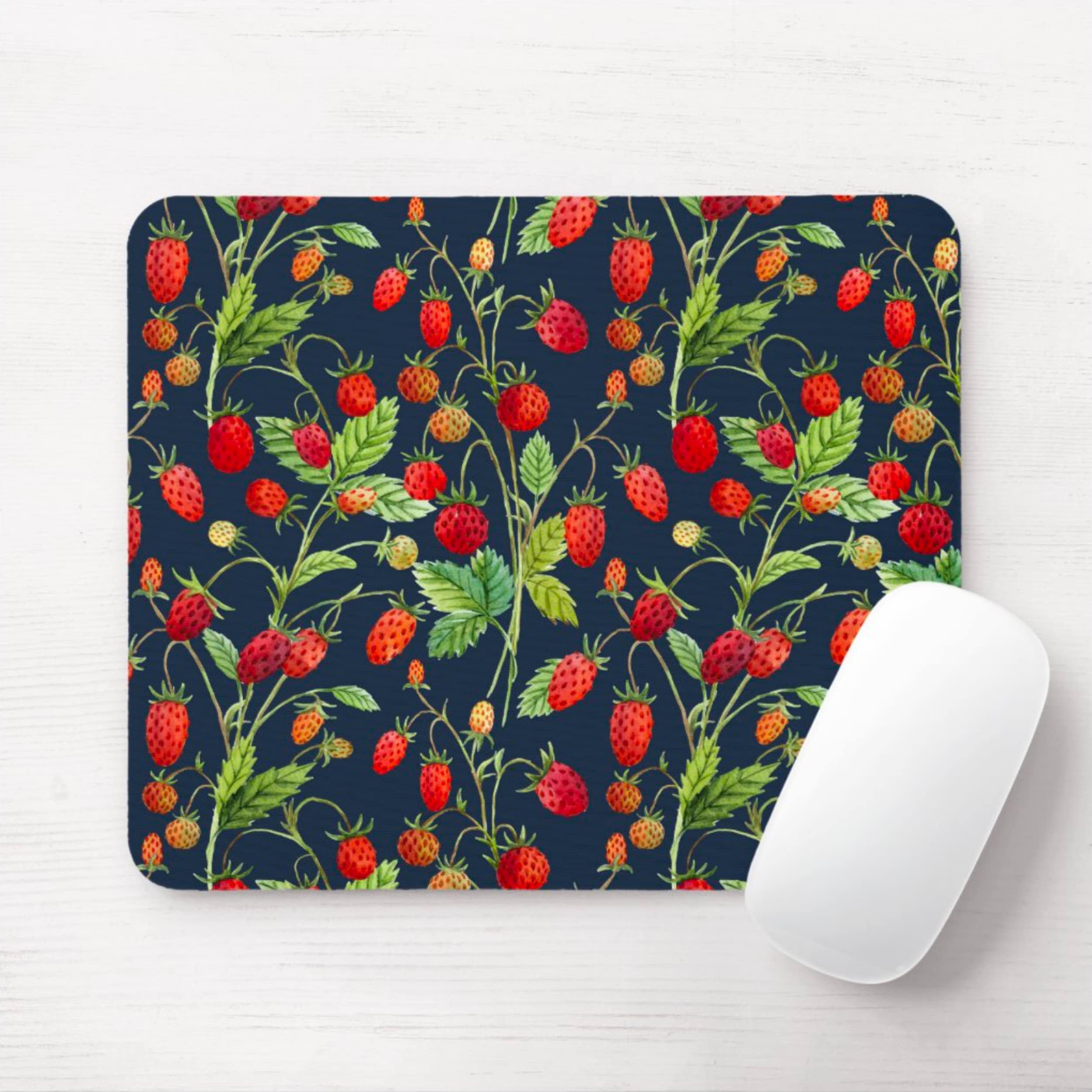 Wild Strawberries Print Mousepad, Navy Blue, Red and Green Botanical Pattern Mouse Pad, Strawberry/Fruit/Berries