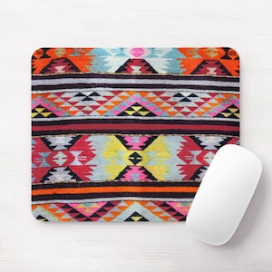 Colorful Southwest Rug Print Mouse Pad, Round or Rectangle Sunset Colors, Geometric/Bright Colors Mousepad Mexican/Aztec/Tribal/Boho Pattern