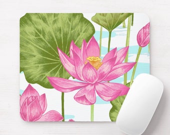 Lotus Print Mouse Pad, Colorful Floral Print Mousepad, Pink, Green & Aqua, Bright/Modern/Botanical Illustration