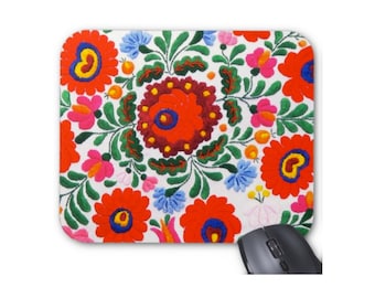 Embroidered Floral Printed Mouse Pad, Faux Embroidery Print Mousepad, Colorful Red