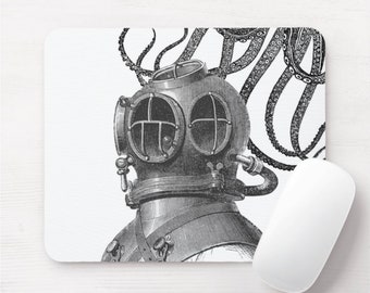 Scuba Diver & Octopus Mouse Pad, Vintage Helmet Illustration Mousepad, Retro/Ocean/Nautical/Sea/Creature/Squid/Beach, Black/Gray/White
