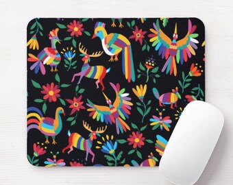Otomi Printed Mouse Pad, Round or Rectangle Colorful Mexican Pattern Mousepad, Black Bright/Vibrant Floral/Animals, Botanical/Birds/Flowers