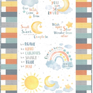 COMPLETE with Steel Gray STARS BACKING Wish & Wonder panel quilt kit 34.5&quot; x 54.5&quot;  aqua, gray, yellow, apricot Baby Quilt Kit