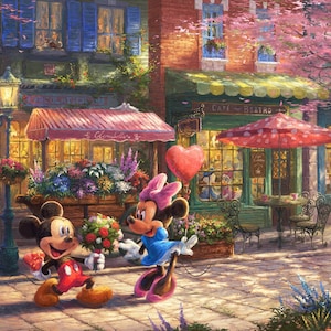 May include: A painting of Mickey Mouse and Minnie Mouse in a whimsical European town setting. Mickey is holding a bouquet of flowers and Minnie is holding a red heart-shaped balloon. The scene features a flower shop, a cafe, and a cobblestone street.