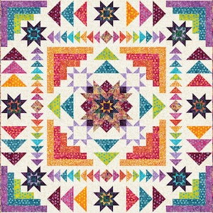 Puede incluir: Un edredón colorido con un diseño geométrico. Presenta un fondo crema con vibrantes triángulos, estrellas y cuadrados en tonos de morado, naranja, verde azulado y rosa. El patrón del edredón es simétrico y llamativo.