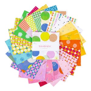 5" vierkanten bedelpakket stof - CELEBRATE! by Riley Blake 42 5 inch vierkanten, cirkels, strepen! Bedelvierkanten #5-15330-42