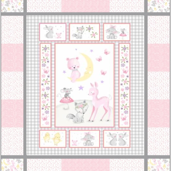 COMPLETE WEE ONES panel quilt kit 50" x 56.5"  in pinks and grays - sweet baby animals - with tossed animal backing