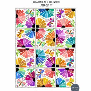 May include: A colourful quilt kit titled "Garden Party - Scrappy Cottons" featuring laser-cut fabric squares. Each square showcases a vibrant flower design with petals in shades of pink, orange, yellow, blue, and purple, along with butterfly accents. The kit is by Laura Heine of Fiberworks.