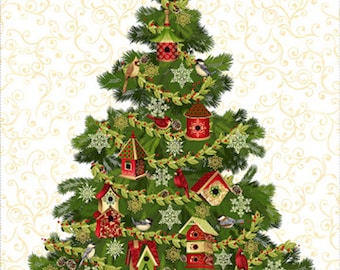 Puede incluir: Una ilustración de árbol de Navidad con una estrella dorada en la punta, ramas de pino verdes y casitas para pájaros rojas. El árbol está decorado con copos de nieve blancos, guirnaldas verdes y pájaros pequeños. Está en una maceta roja sobre fondo crema.