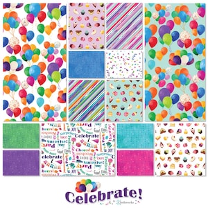 5" Squares Charm Pack Fabric - CELEBRATE! by Clothworks 42 5" vierkanten ballonnen, strepen, ton sur ton! Charm Squares SQ0490