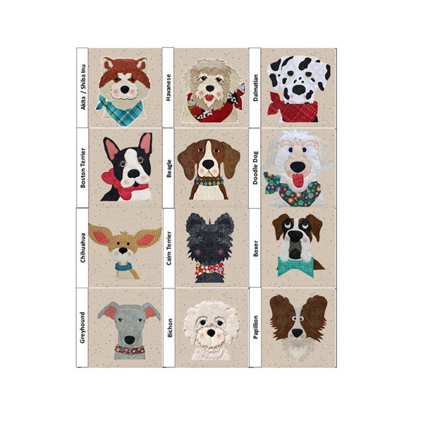 Laser Cut Dog Applique Quilt Kit  Three– Applique Fabric Blocks (12 Breeds)