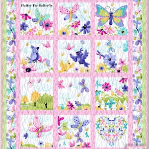 May include: A colorful quilt featuring a patchwork design with butterflies, flowers, and birds. The quilt has a pink border and a green gingham edge. The text "Flutter The Butterfly" is visible in the upper left corner. The quilt is a mix of pastel colors.