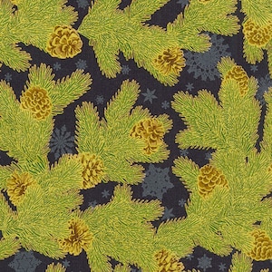 Holiday Flourish 15 20783-2 Black with GOLD pine branches by Robert Kaufman Fabrics - 1 yard