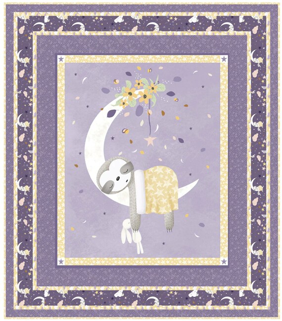 COMPLETE W' Yellow Star Backing SLEEPY SLOTH Purple Baby Quilt Kit