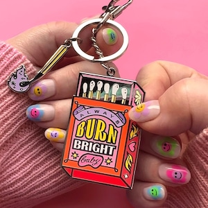 Burn Bright Matchbox Keychain Mental health Keyring Purse Charm RED & NICKEL