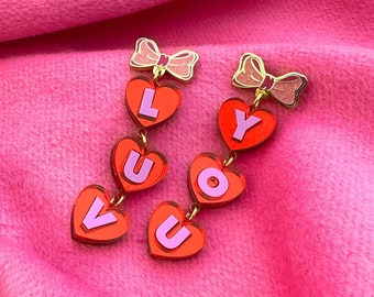 Luv You Heart and Bow Dangle Mirror Acrylic Earrings - 90s Kawaii Valentines Retro Drop Statement Earrings