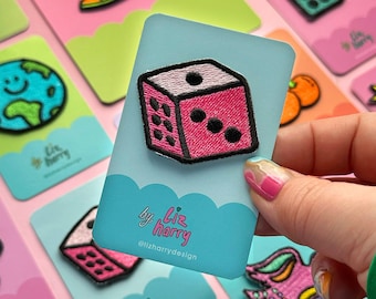 Roll The Dice Patch, Pink Embroidered Iron-On Lapel Patch - Denim Jacket Patches