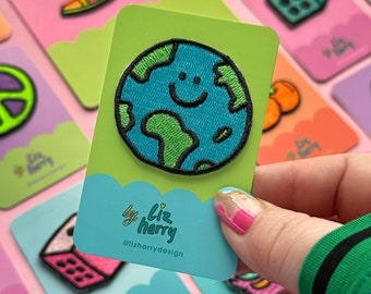 The 'Gleeful Globe' Earth World Patch, Smiley Planet Embroidered Iron-On Patch - Denim Jacket Patches