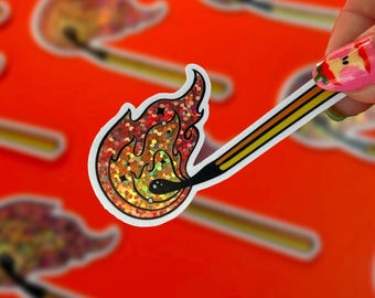 Holographic Glitter Flaming Lit Matchstick Sticker - Waterproof Vinyl Sticker
