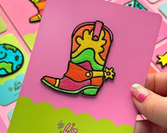 Boot - iful Psychedelic Cowboy Boot Patch, Colourful Neon Rodeo Embroidered Iron-On Patch - Denim Jacket Patches