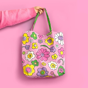 Pink Y2K 90s Style Floral Canvas Tote Beach Bag With Waterproof Lining - Floral Reversible Tote Shopping Bag
