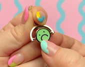 Mixed Emotions Smiley Frownie Topsy Turvy Enamel Charm Fidget Necklace - Turning Charm Statement Gold Plated Necklace
