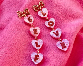 Self Love Heart Dangle Earrings - 90s Bow Themed Retro Drop Statement Earrings