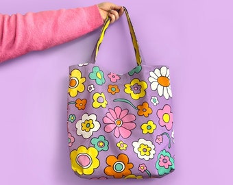 Lilac Y2K 90s Style Multi-Colour Colourful Floral Canvas Tote Bag With Waterproof Lining