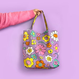 Lilac Y2K 90s Style Multi-Colour Colourful Floral Canvas Tote Bag With Waterproof Lining image 1