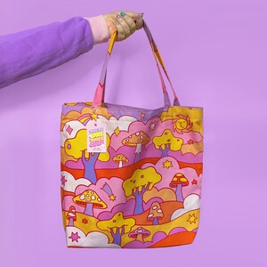 Mushroom Field Fantasy Colourful Illustrated Large Canvas Tote Bag With Waterproof Lining image 6