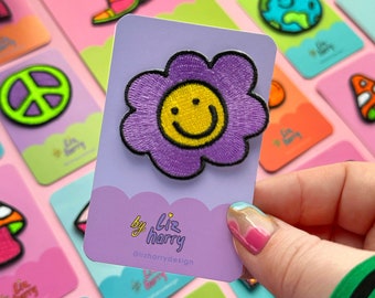 Bloomin Happy Smiley Flower Patch, Cute Embroidered Iron-On Patch - Denim Jacket Patches