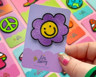 Bloomin Happy Smiley-bloempatch, geborduurde bloemenpatch - spijkerjackpatches