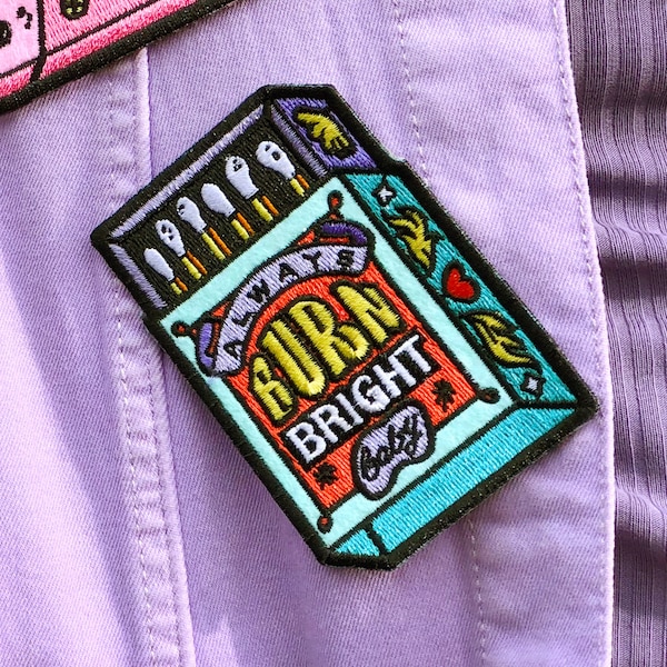 Burn Bright Matchbox Pocket Patch - Matchbox Embroidered Iron On Patches - Small Jacket Patch - Motivational Patch