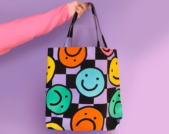 Mixed Emotions Check Multi-Colour Chequered Colourful Canvas Tote Bag With Waterproof Lining