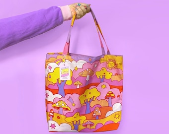 Mushroom Field Fantasy Colourful Illustrated Large Canvas Tote Bag With Waterproof Lining